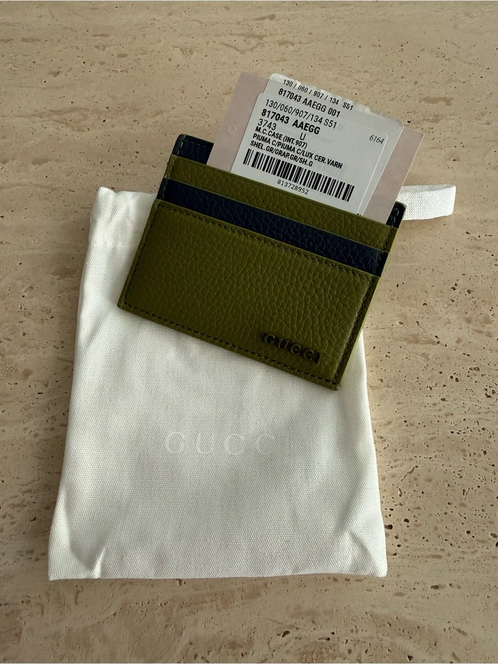 NWT Gucci Green-Grey Leather Card Case with Gucci Logo